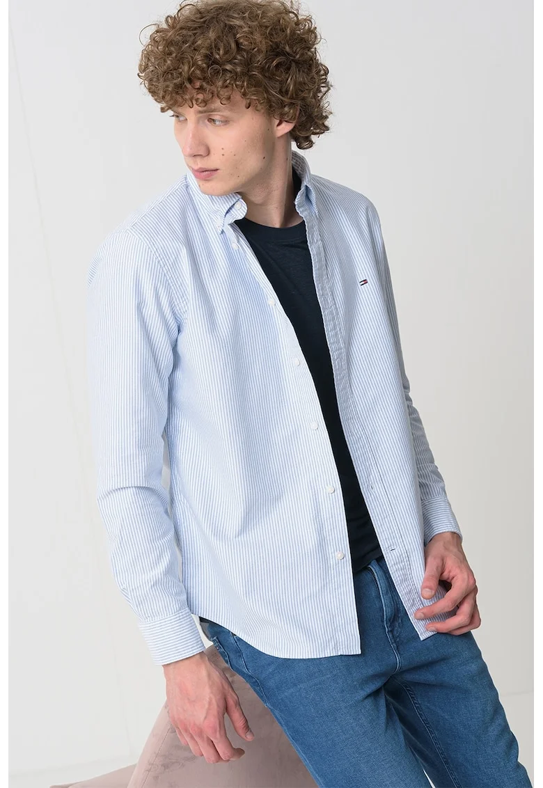 Camasa Oxford regular fit cu model in dungi, Albastru pastel/Alb optic