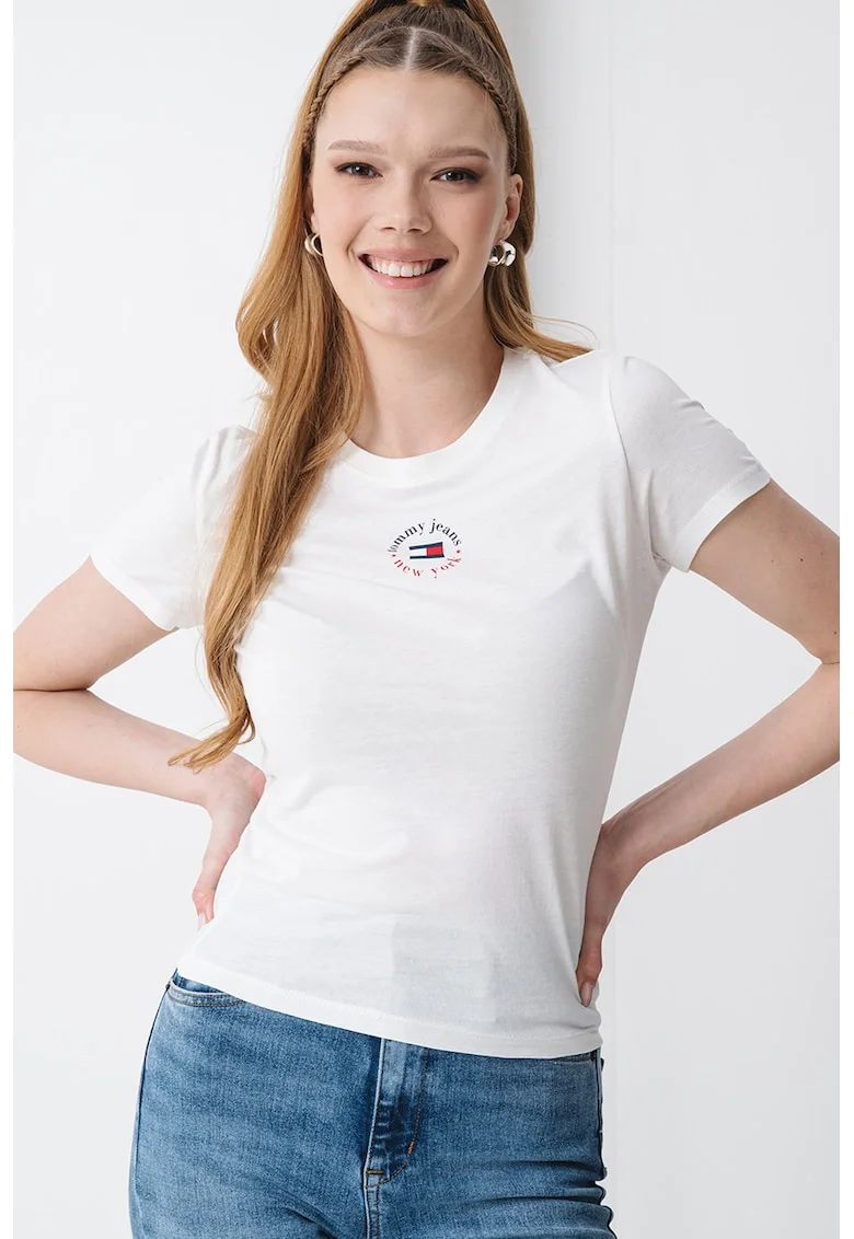 Tricou slim fit cu detaliu logo, Alb murdar