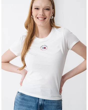Tricou slim fit cu detaliu logo, Alb murdar