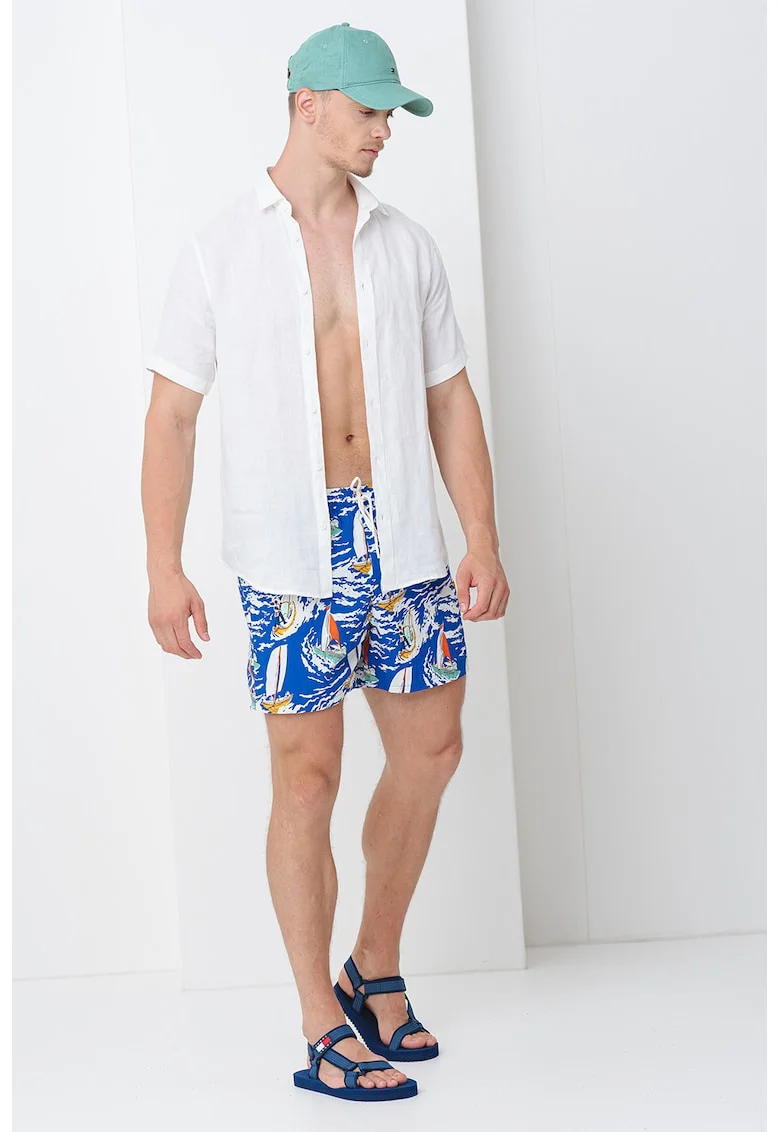 Pantaloni scurti de baie cu model si buzunare laterale, Albastru royal/Alb murdar