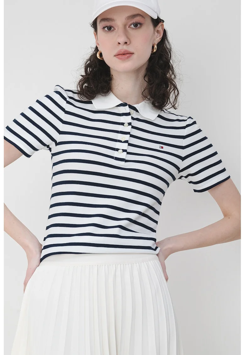 Tricou polo cu croiala slim-fit si logo, Negru