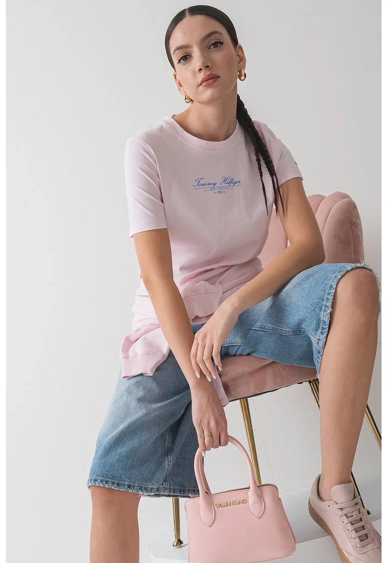 Tricou de bumbac cu imprimeu logo, Roz pastel/Albastru deschis