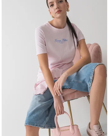Tricou de bumbac cu imprimeu logo, Roz pastel/Albastru deschis