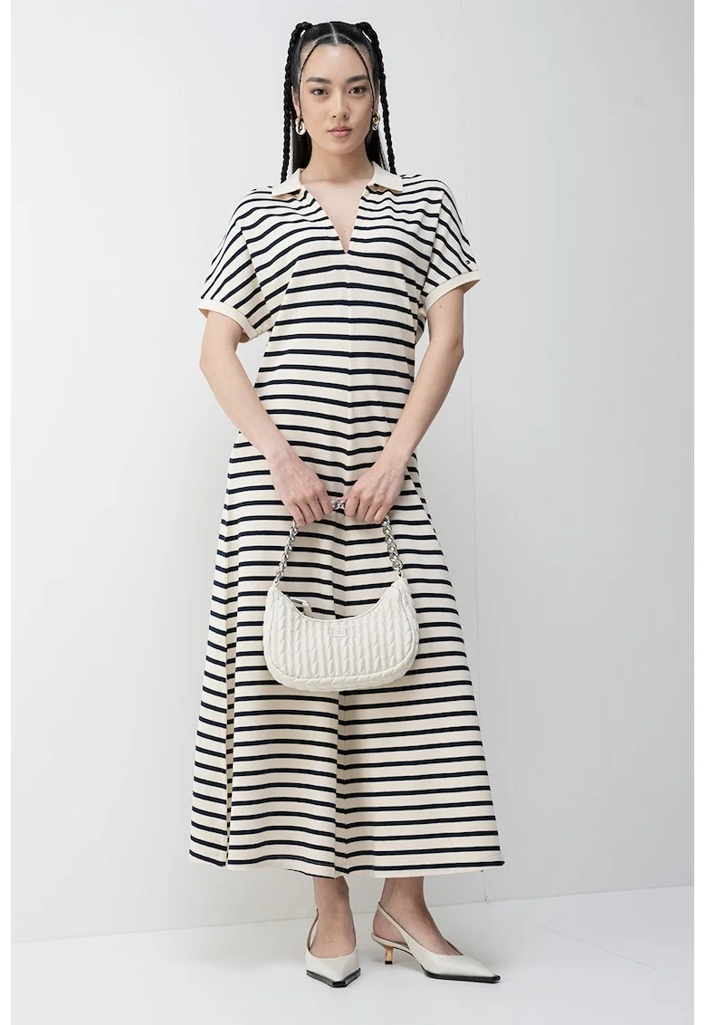 Rochie midi din amestec de lyocell cu dungi, Alb fildes/Albastru ultramarin