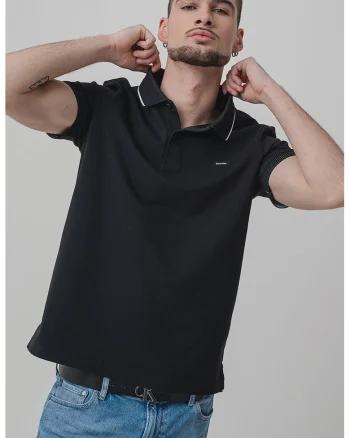 Tricou polo din amestec de bumbac organic cu logo discret, Alb/Negru
