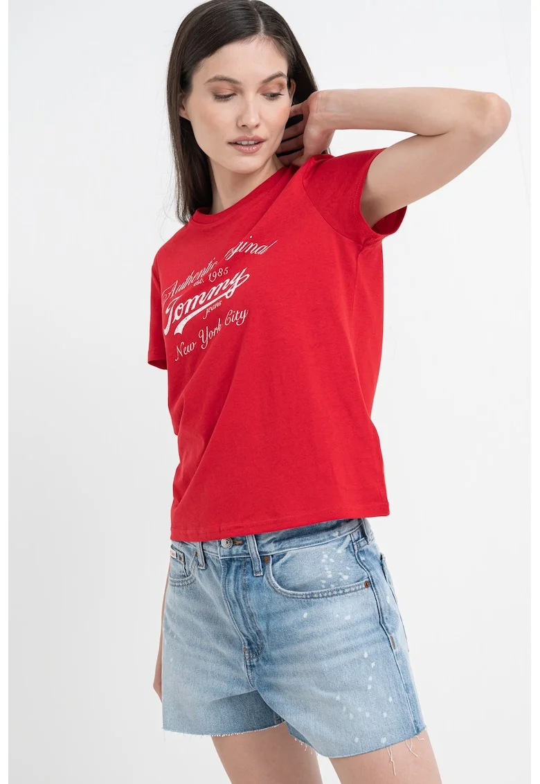 Tricou cu imprimeu text, Rosu/Alb