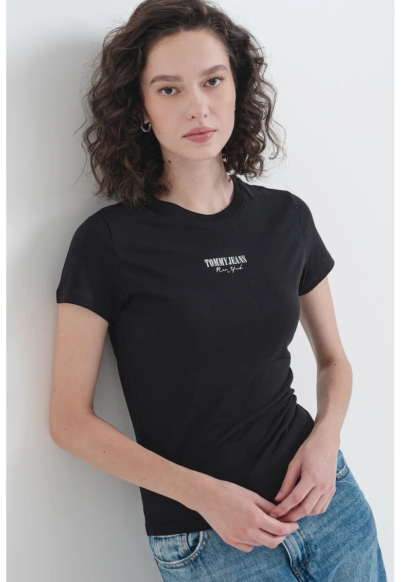 Tricou slim fit cu imprimeu logo, Alb/Negru