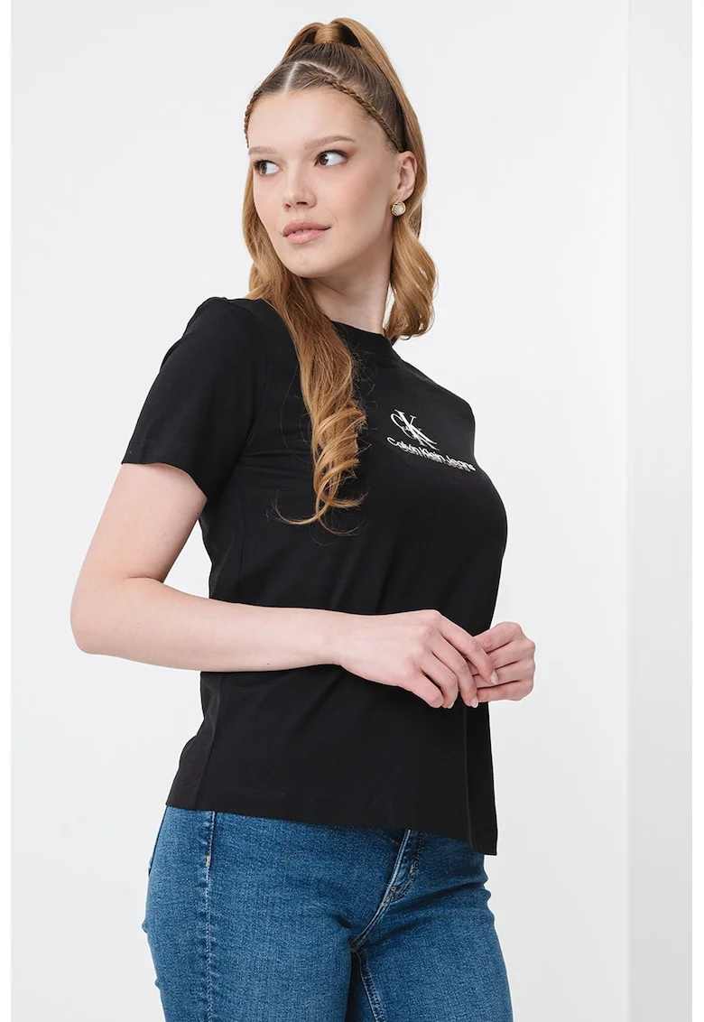 Tricou cu decolteu la baza gatului si imprimeu logo, Negru