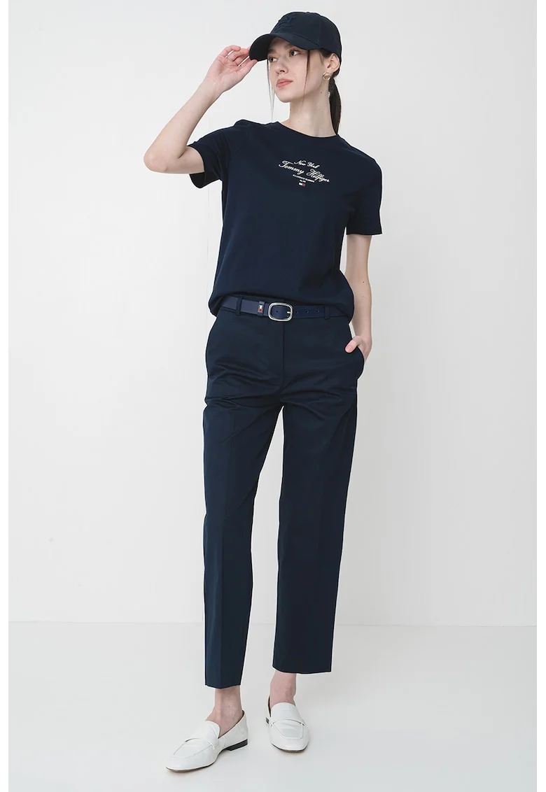 Tricou de bumbac cu decolteu la baza gatului si logo, Bleumarin
