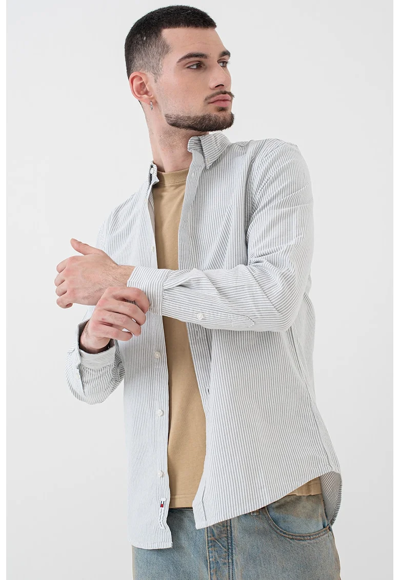 Camasa slim fit cu model in dungi, Negru stins/Alb murdar