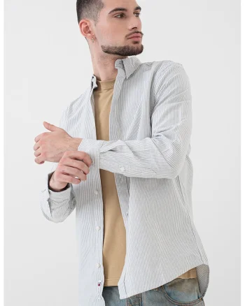 Camasa slim fit cu model in dungi, Negru stins/Alb murdar