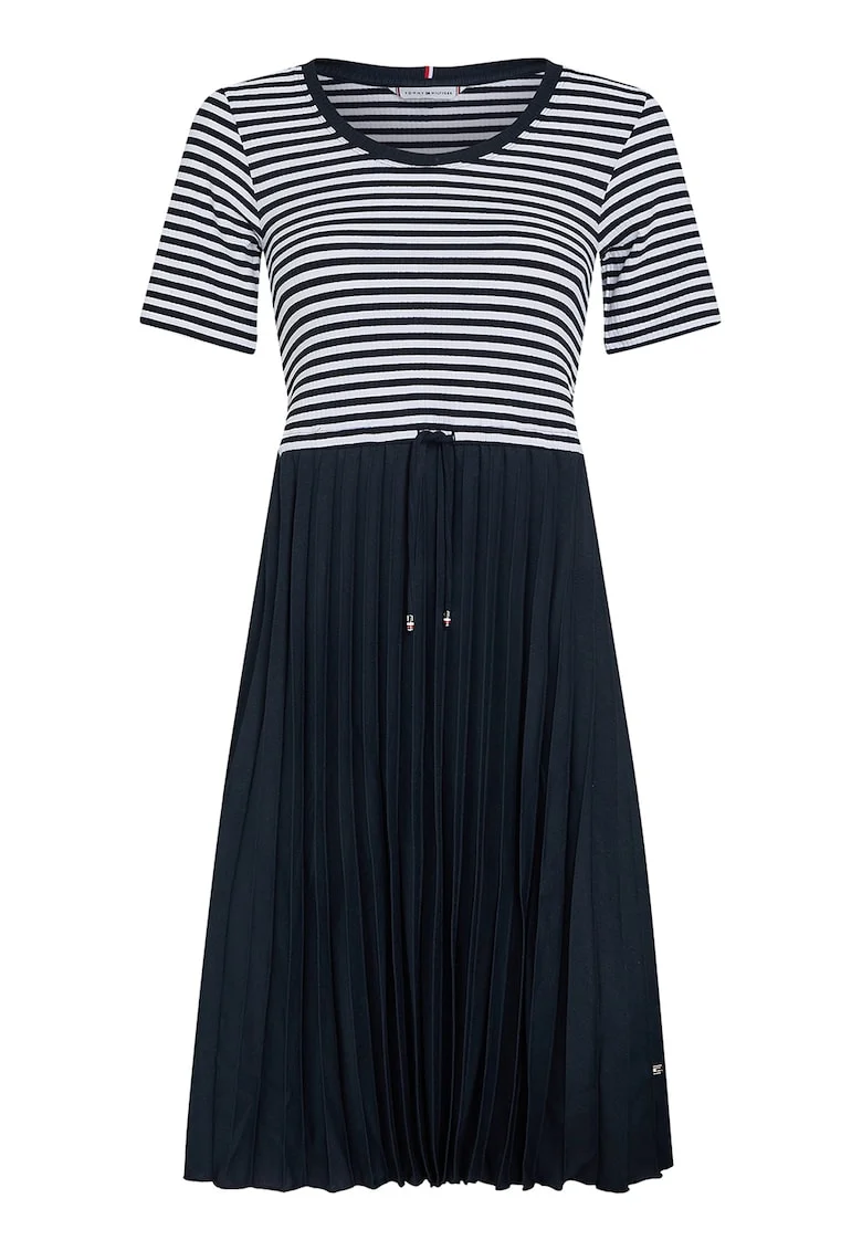 Rochie cu model in dungi si aspect plisat, Alb/Bleumarin
