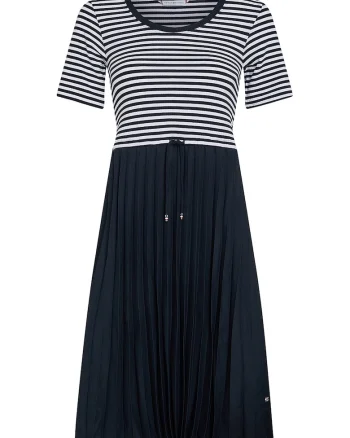 Rochie cu model in dungi si aspect plisat, Alb/Bleumarin