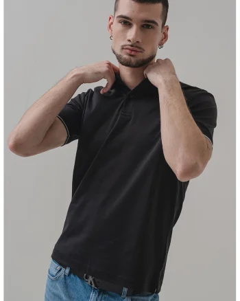 Tricou polo de bumbac organic, Alb/Negru stins