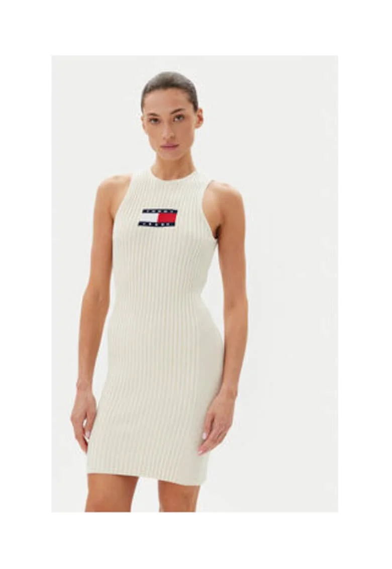 Rochie tricotata de dama,  ecru, 88% viscoza, 12% poliester reciclat,