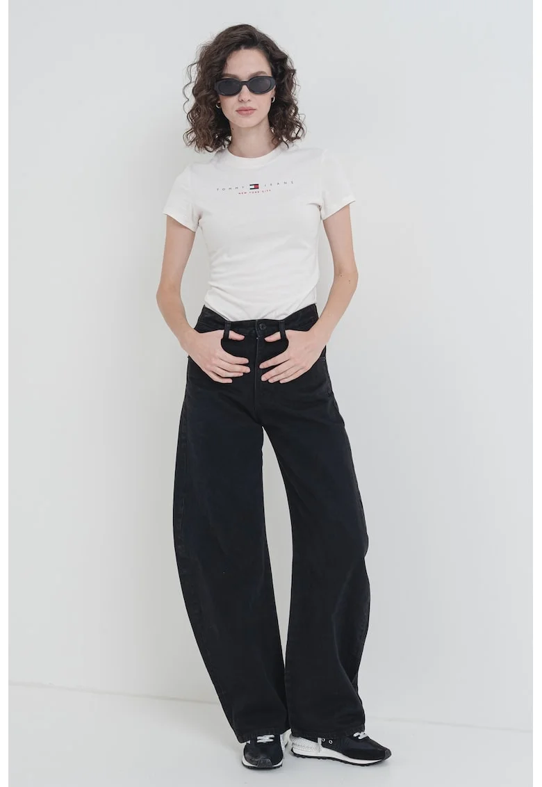 Tricou slim fit din bumbac, Alb fildes/Negru