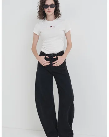 Tricou slim fit din bumbac, Alb fildes/Negru
