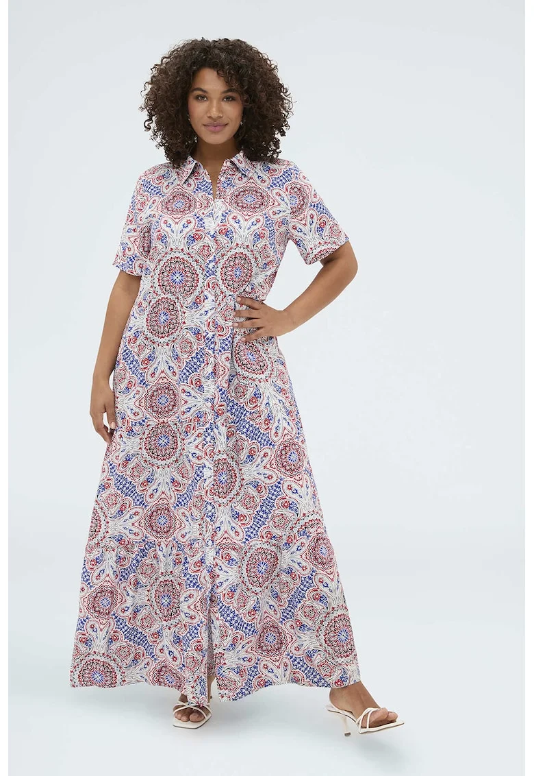 Rochie-camasa cu model etnic, Rosu/Alb/Albastru royal