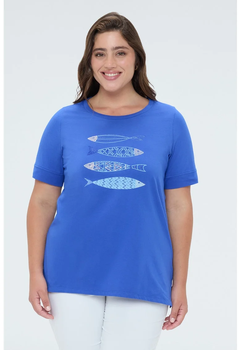Tricou din bumbac cu imprimeu si margele, Alb/Albastru royal