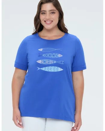 Tricou din bumbac cu imprimeu si margele, Alb/Albastru royal