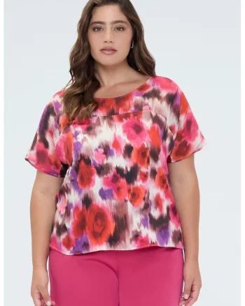 Bluza cu maneci scurte si imprimeu floral, Multicolor
