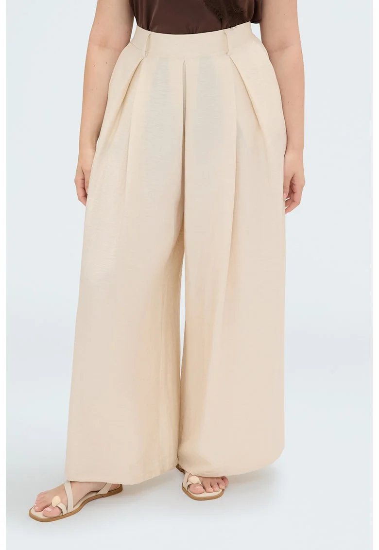 Pantaloni palazzo din amestec de in cu talie inalta, Bej deschis
