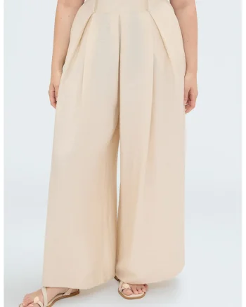 Pantaloni palazzo din amestec de in cu talie inalta, Bej deschis