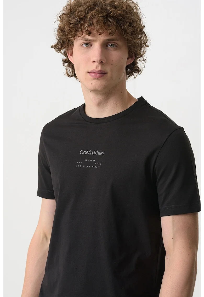 Tricou cu decolteu la baza gatului si imprimeu logo, Negru