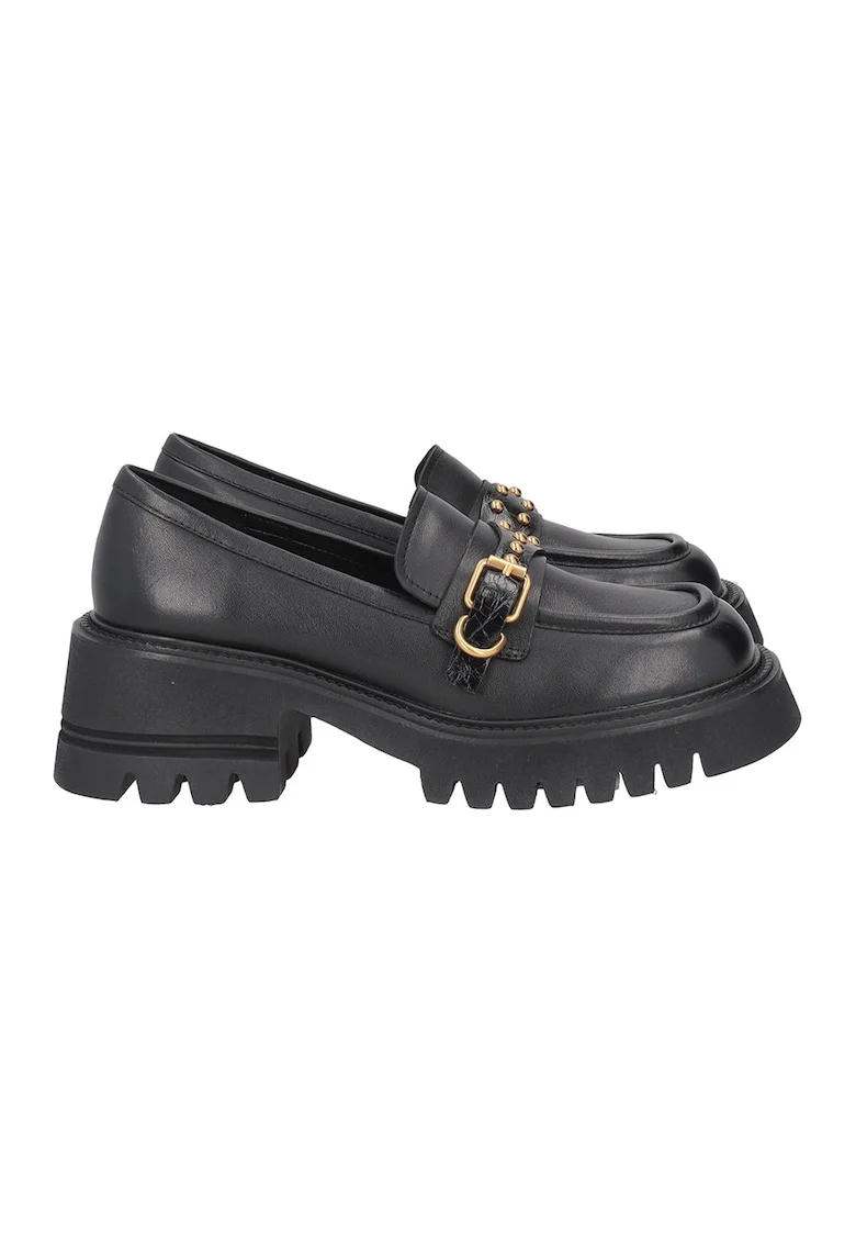 Pantofi loafer de piele cu catarame metalice, Negru