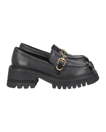 Pantofi loafer de piele cu catarame metalice, Negru