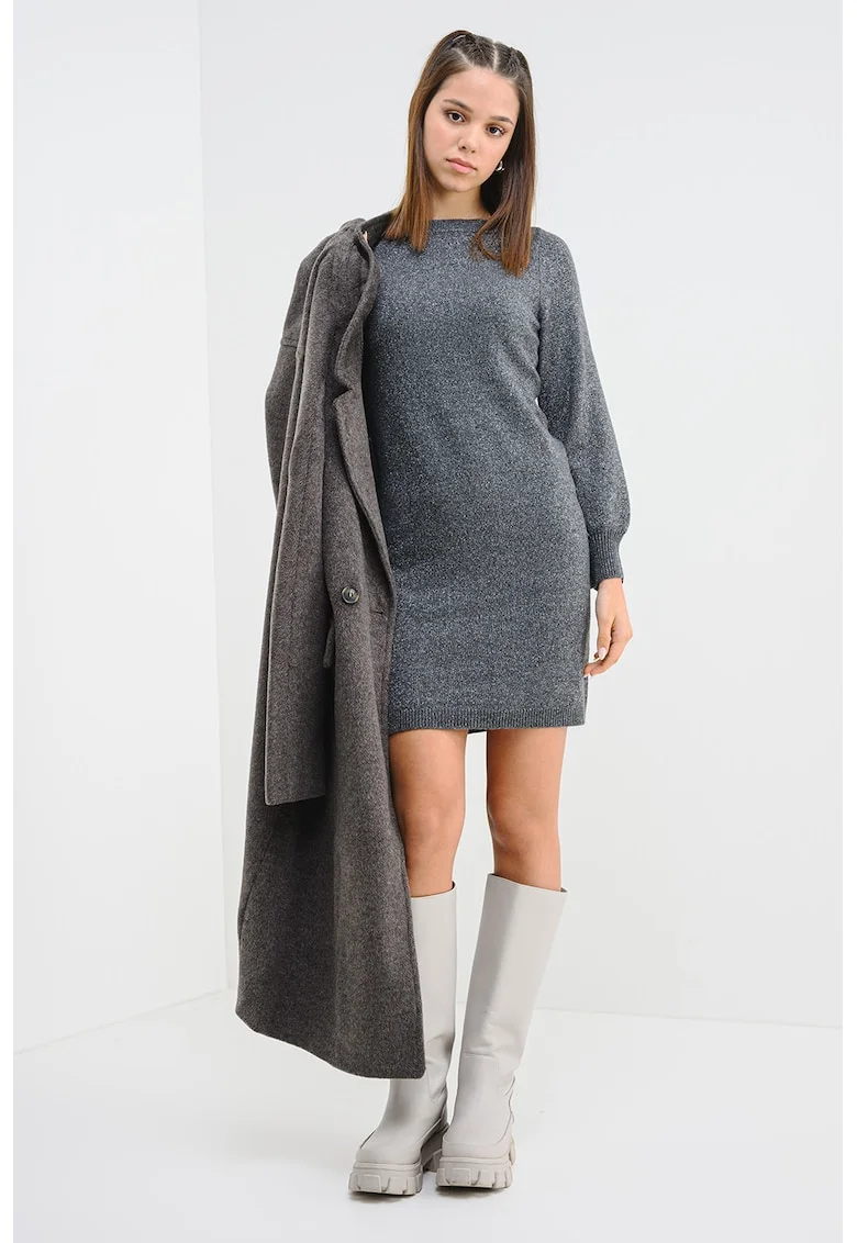 Rochie mini cu decolteu la baza gatului si maneci lungi, Gri/Argintiu