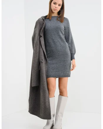 Rochie mini cu decolteu la baza gatului si maneci lungi, Gri/Argintiu