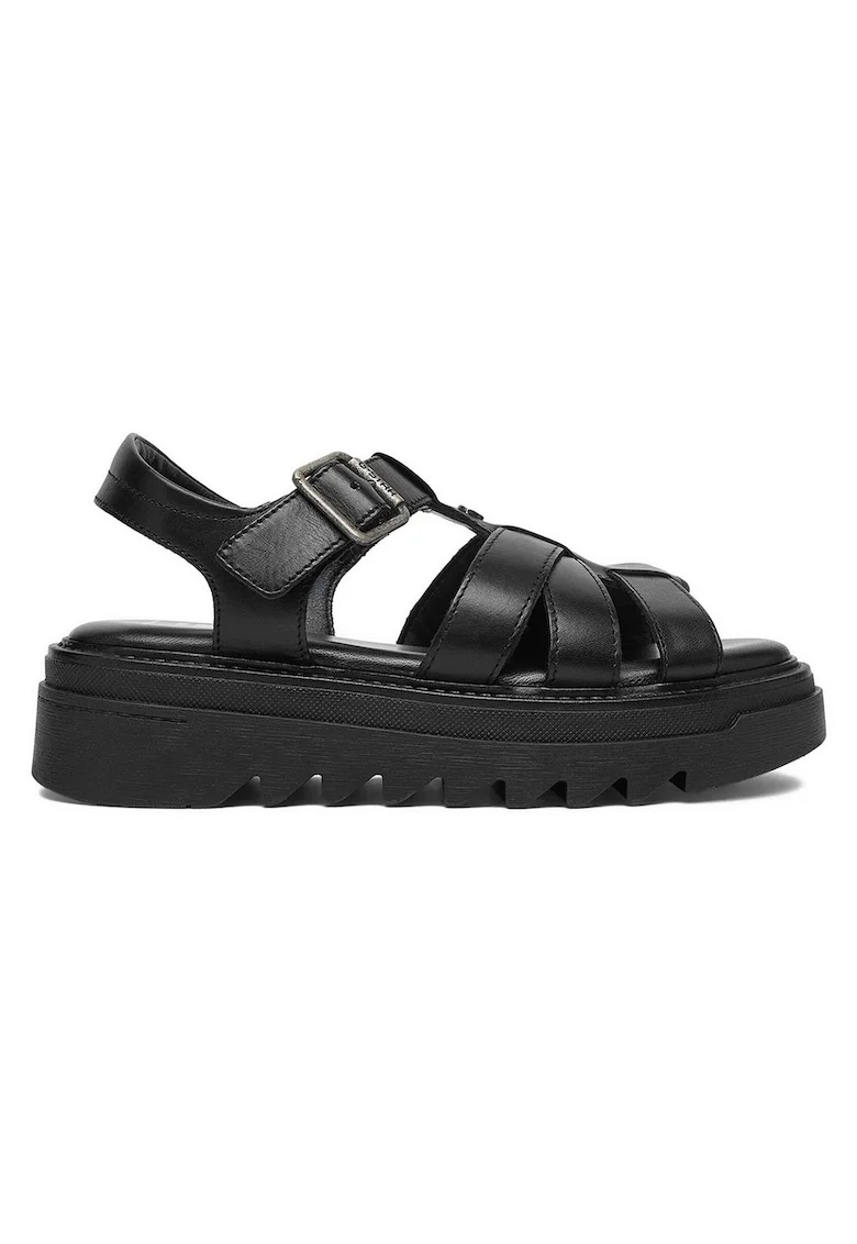 Sandale dama, Raw, catarama, piele naturala, negru, Negru