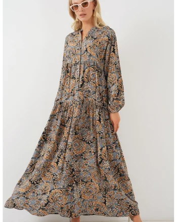 Rochie Maxi HiCCUP, Imprimata, Decolteu in V, Gri deschis, Textil