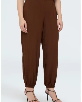 Pantaloni cu talie inalta si mansete elastice, Maro