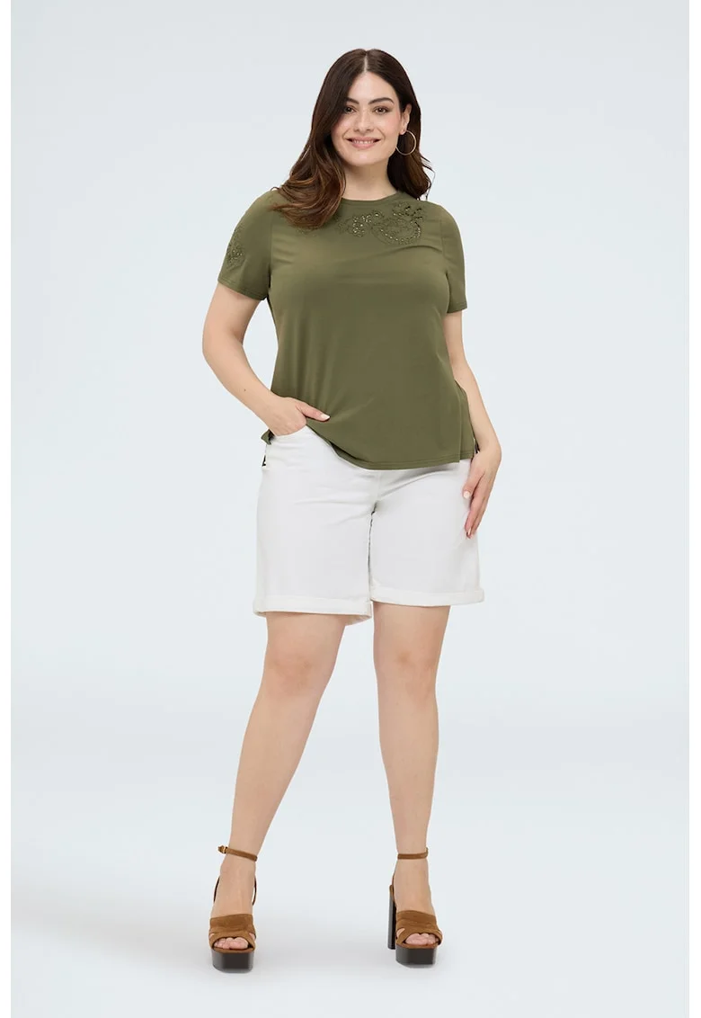 Tricou cu decolteu rotund si broderie, Kaki