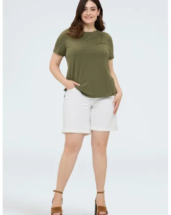 Tricou cu decolteu rotund si broderie, Kaki