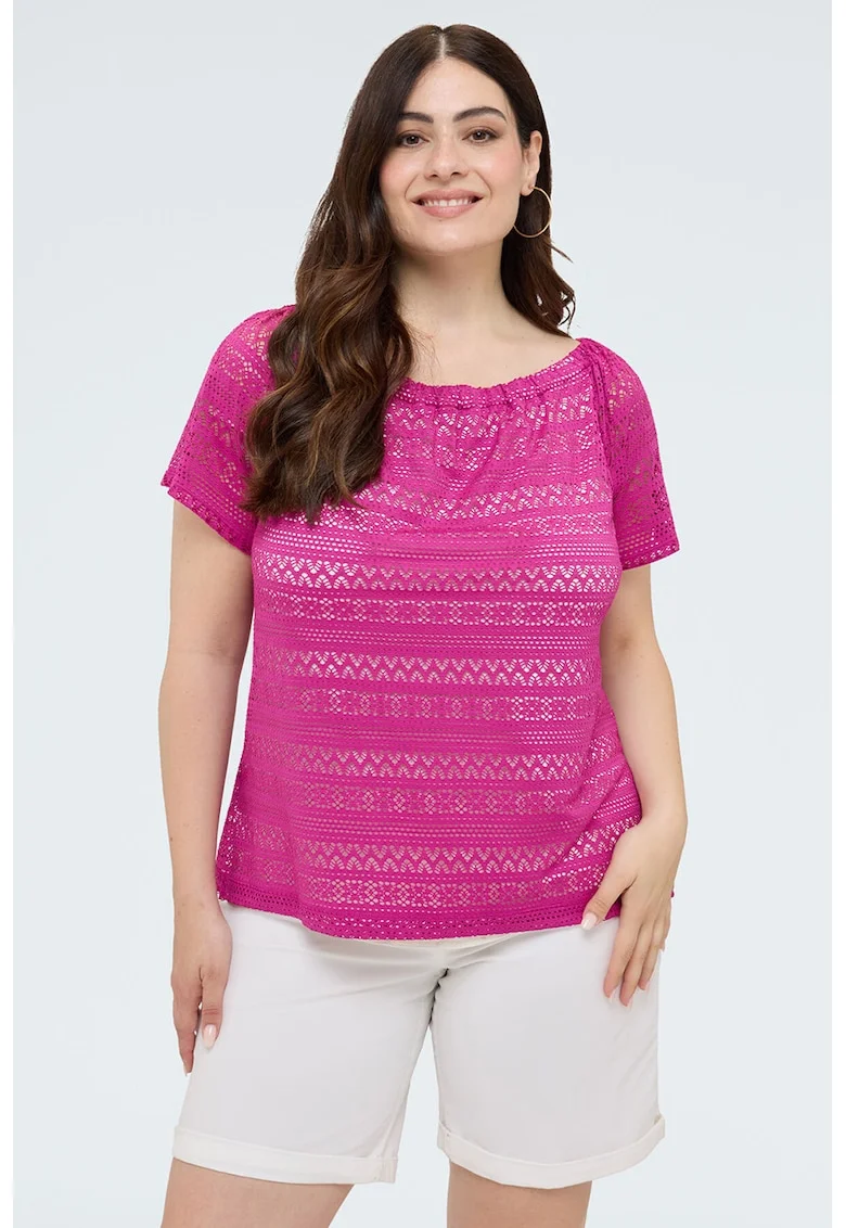 Tricou semitransparent cu decolteu barcuta, Fucsia