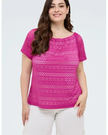 Tricou semitransparent cu decolteu barcuta, Fucsia