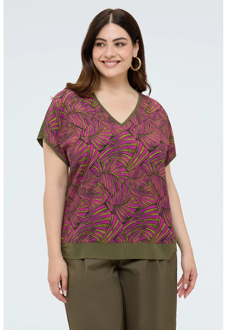 Tricou cu decolteu in V si model, Violet/Kaki