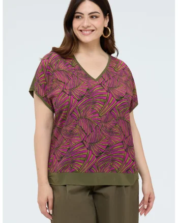 Tricou cu decolteu in V si model, Violet/Kaki