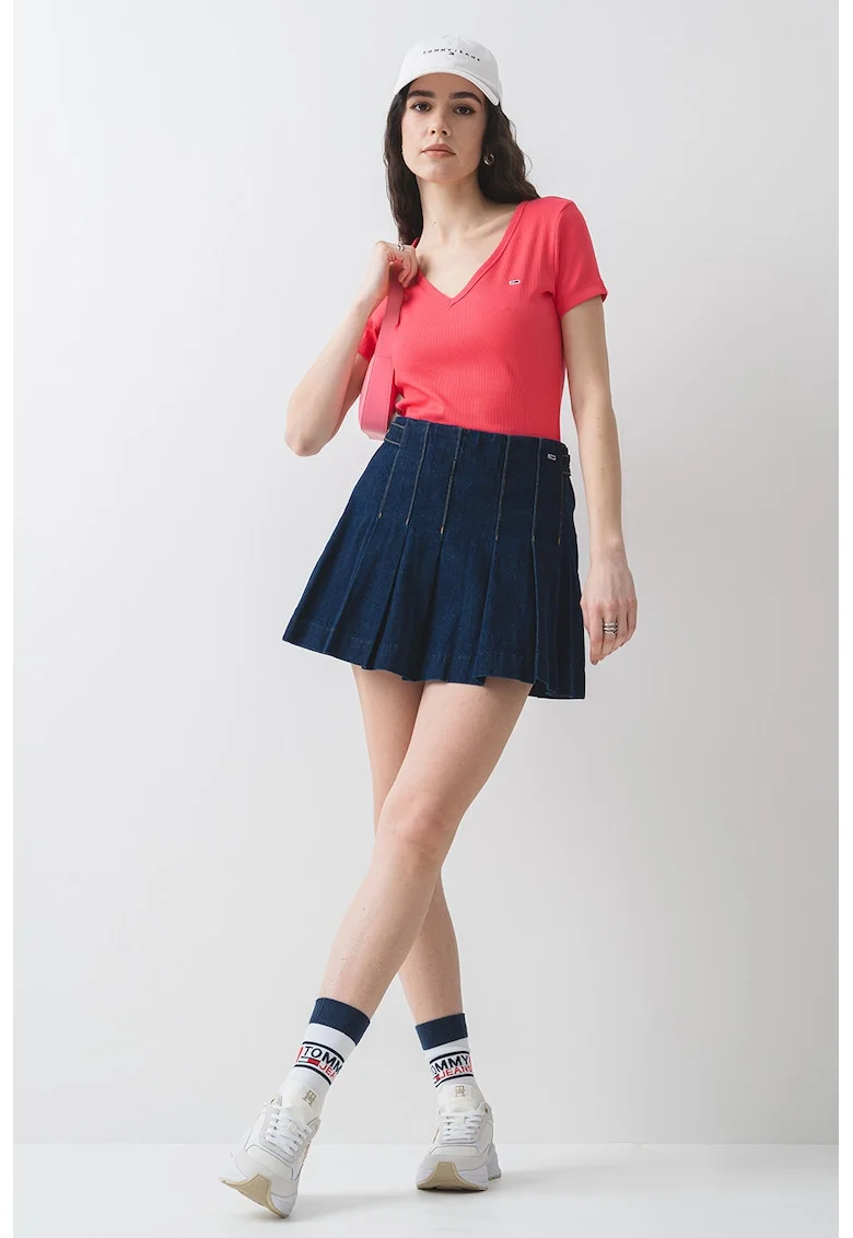Tricou slim fit cu decolteu in V, Roz