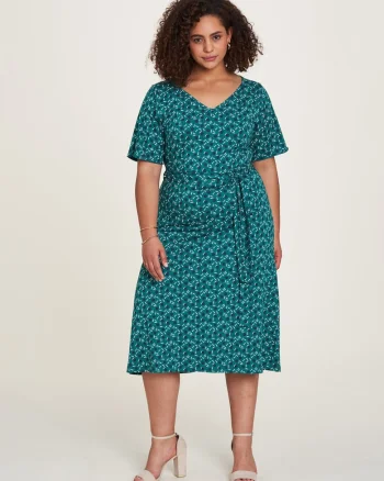 Rochie midi cu imprimeu si decolteu in V