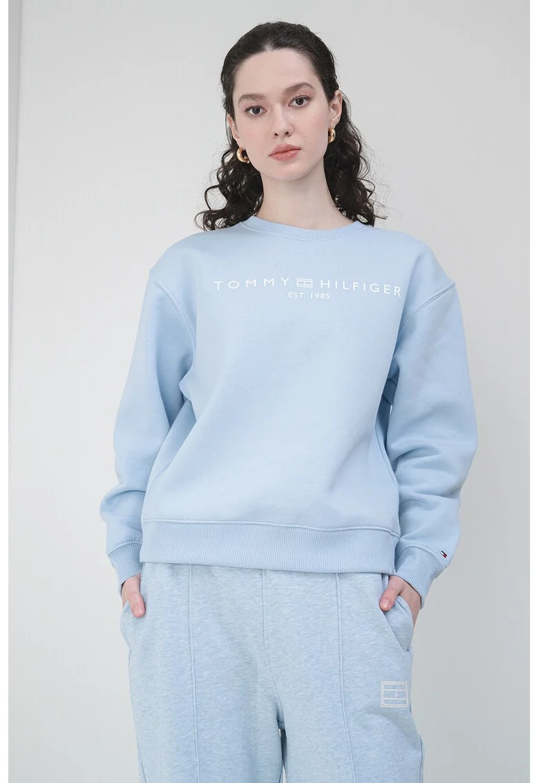 Bluza de trening cu imprimeu logo si decolteu la baza gatului, Albastru deschis