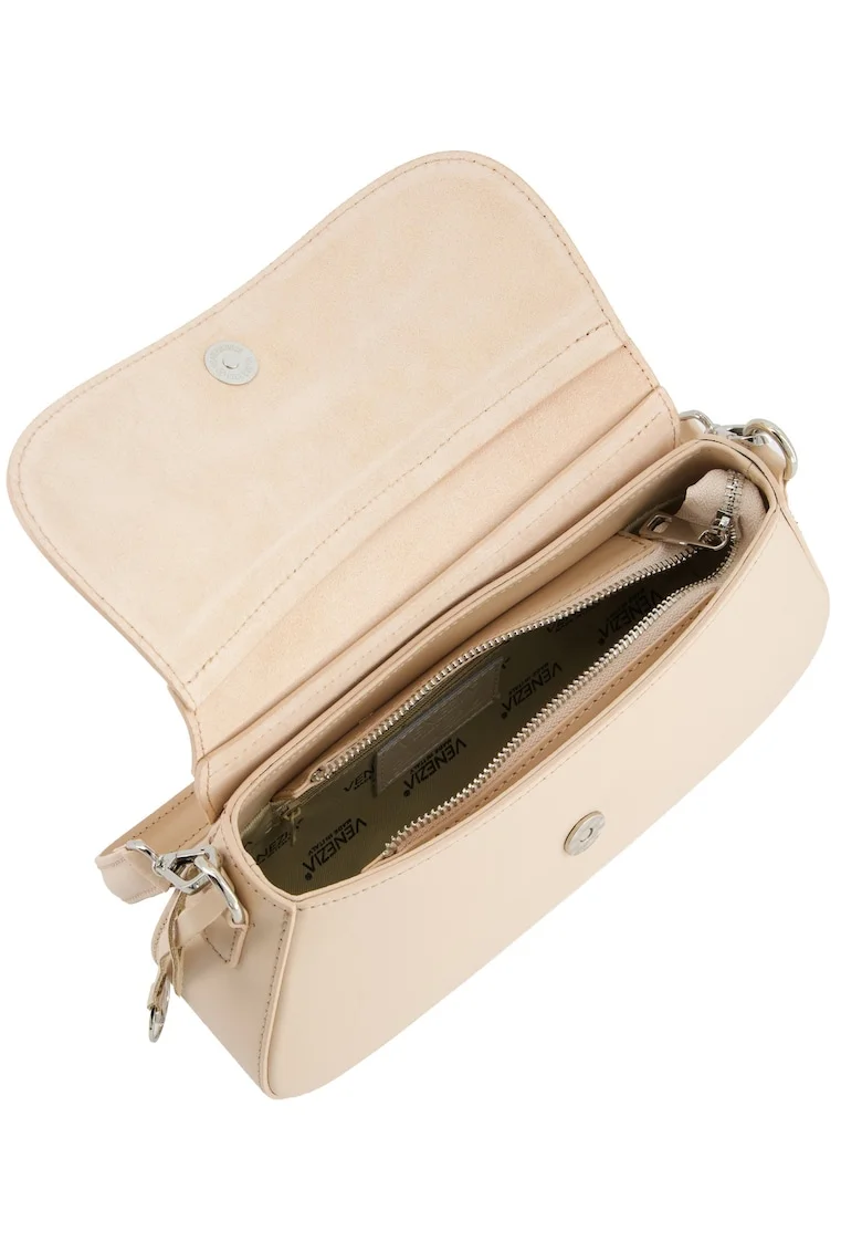 Geanta dama  bagheta piele naturala bej 27x6.5x14cm maner si curea detasabile argintiu