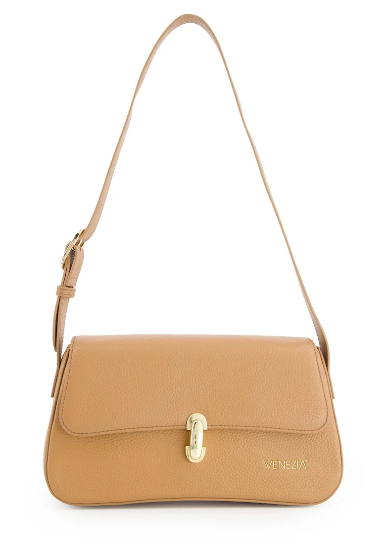 Geanta dama  piele naturala maro 15x27x7cm curea reglabila accesorii aurii