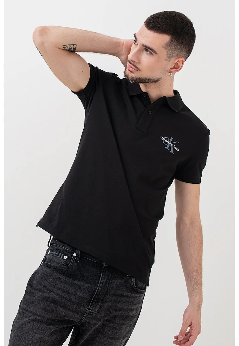 Tricou polo cu logo, Albastru prafuit/Negru stins/Alb optic