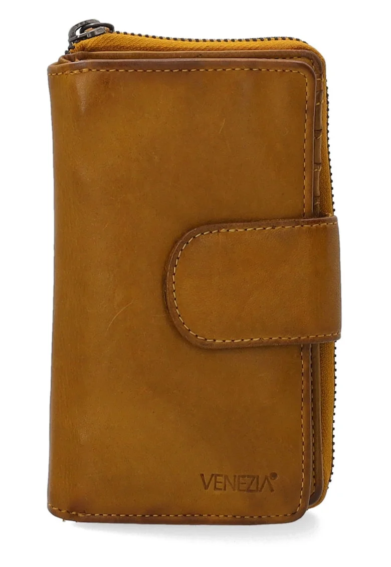 Portofel dama  piele naturala galben 16x10cm cu buzunar exterior