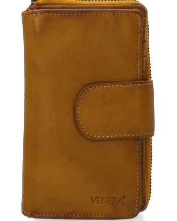 Portofel dama  piele naturala galben 16x10cm cu buzunar exterior