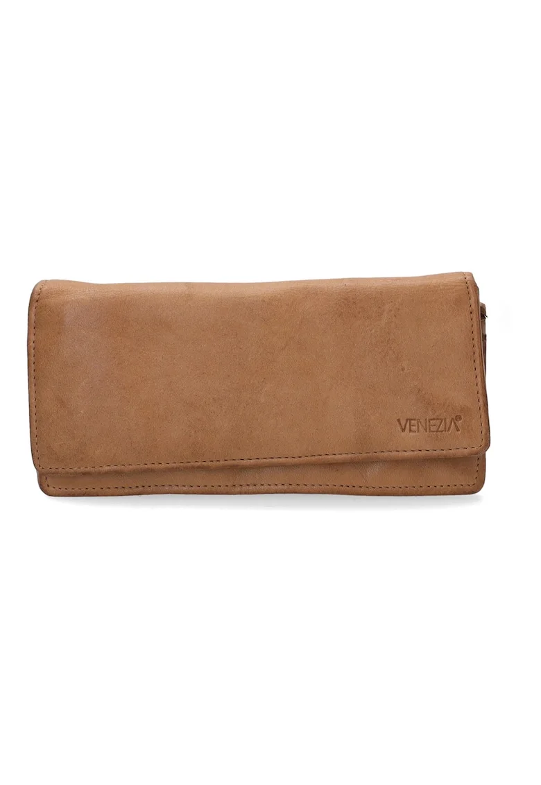 Portofel dama  piele naturala bej 18.5x9.5cm cu clapeta si buzunar exterior